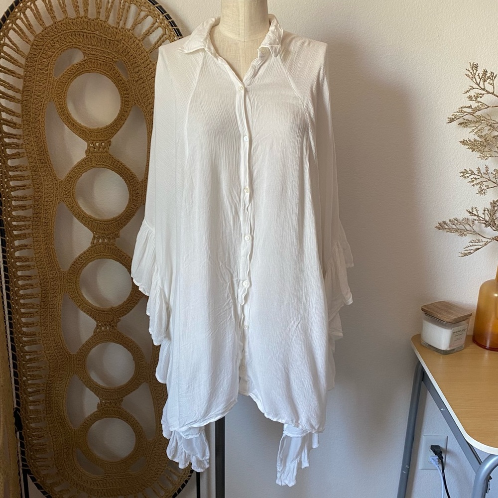 Free People White Overlay Button Down Top